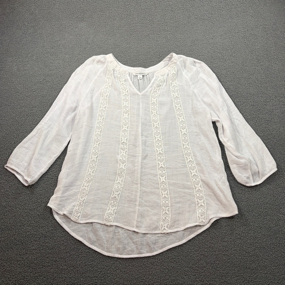 Counterparts Blouse Womens XL White Lace Trim Gauze Peasant V-Neck 3/4 Sleeve
